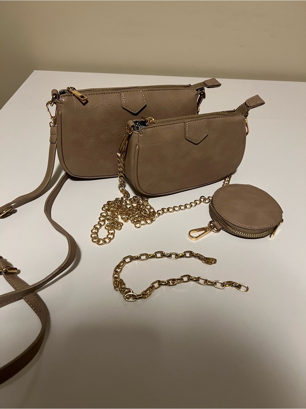Taupe Multi-Piece Crossbody Bag Set with Gold Chain